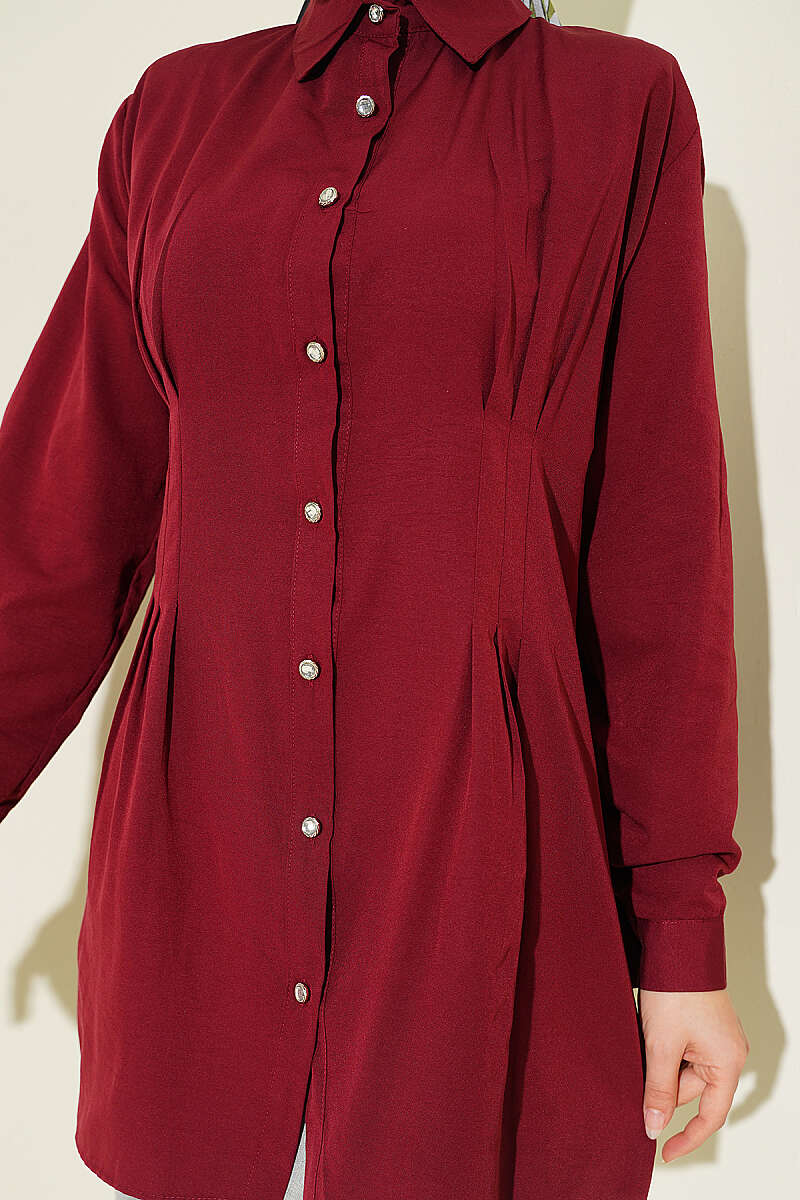 Dart Shirt with Stone Buttons - Burgundy