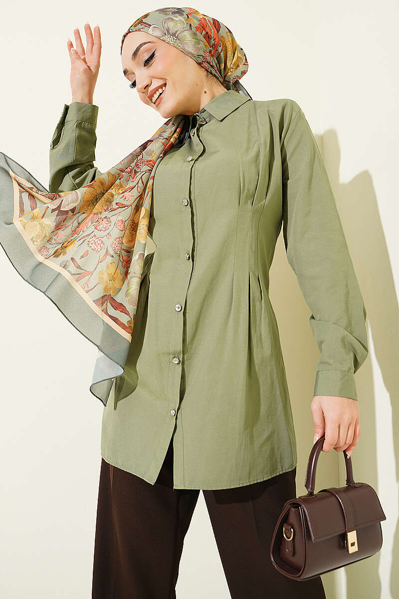 Dart Shirt with Stone Buttons - Almond Green