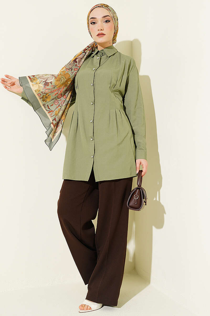 Dart Shirt with Stone Buttons - Almond Green