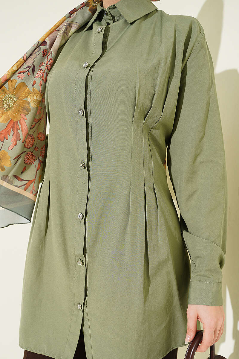 Dart Shirt with Stone Buttons - Almond Green