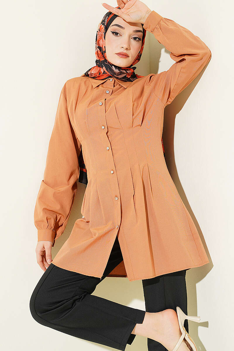 Dart Shirt with Stone Buttons - Camel