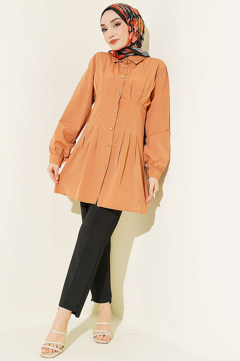 Dart Shirt with Stone Buttons - Camel