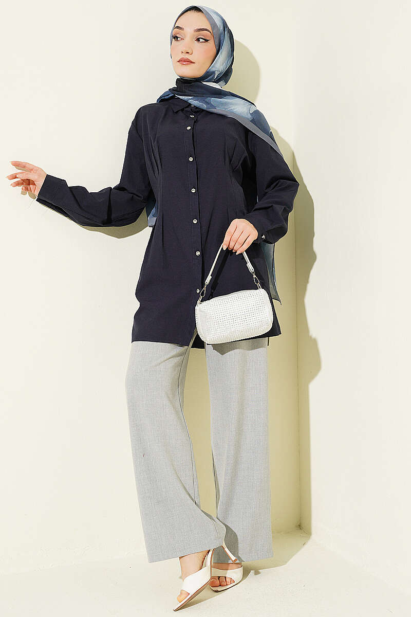 Dart Shirt with Stone Buttons - Navy