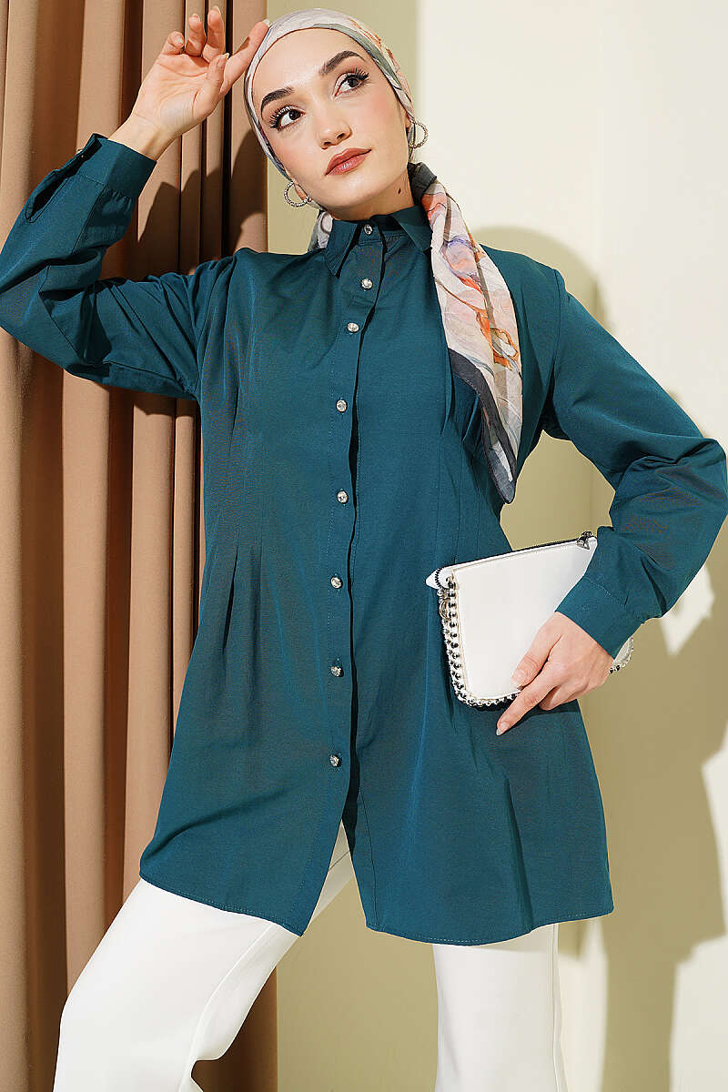 Dart Shirt with Stone Buttons - Teal