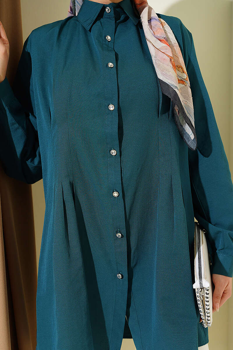 Dart Shirt with Stone Buttons - Teal