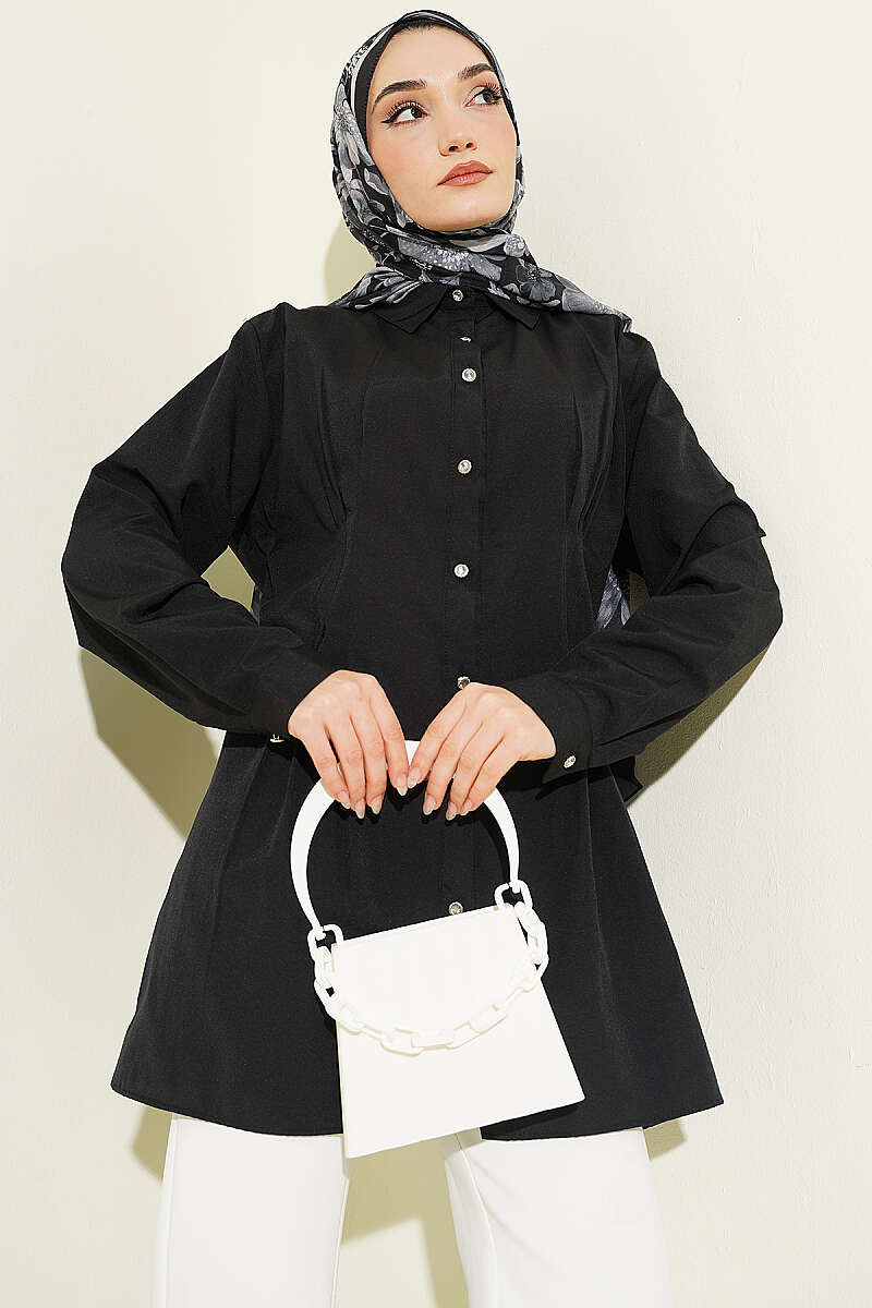 Dart Shirt with Stone Buttons - Black