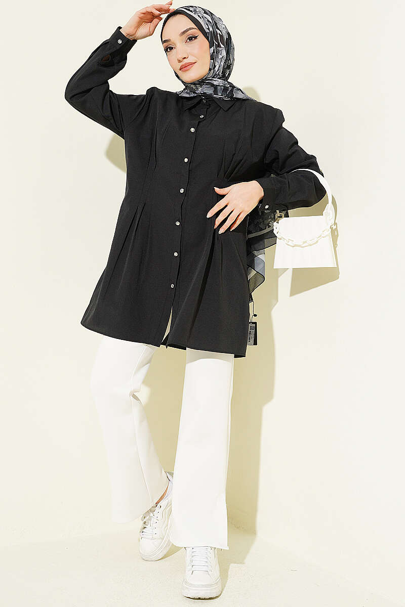 Dart Shirt with Stone Buttons - Black