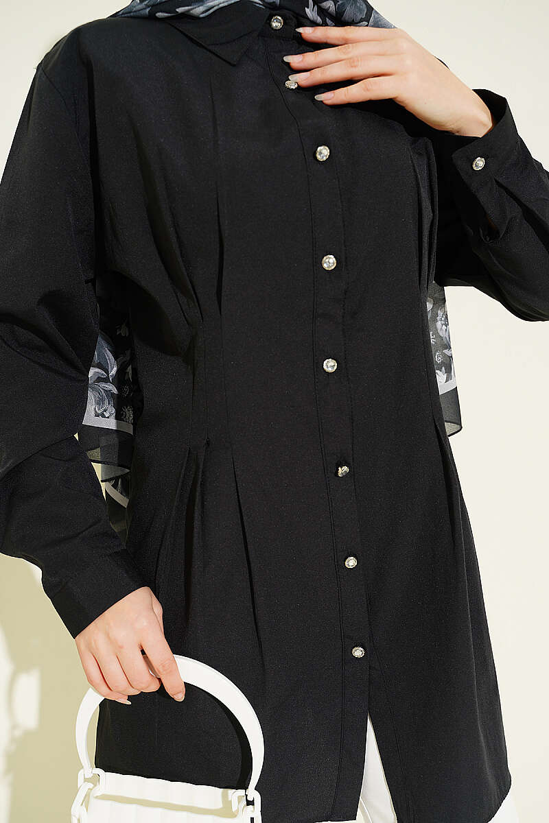 Dart Shirt with Stone Buttons - Black