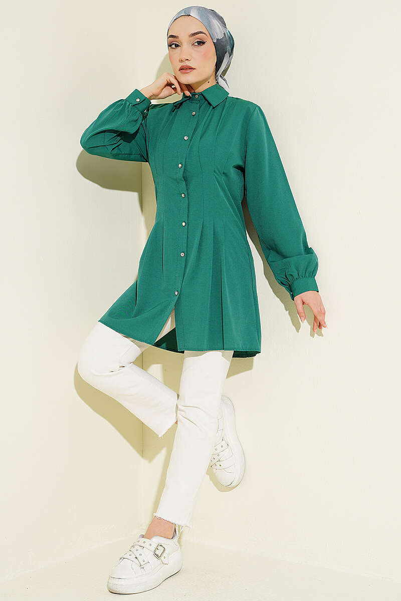 Dart Shirt with Stone Buttons - Emerald