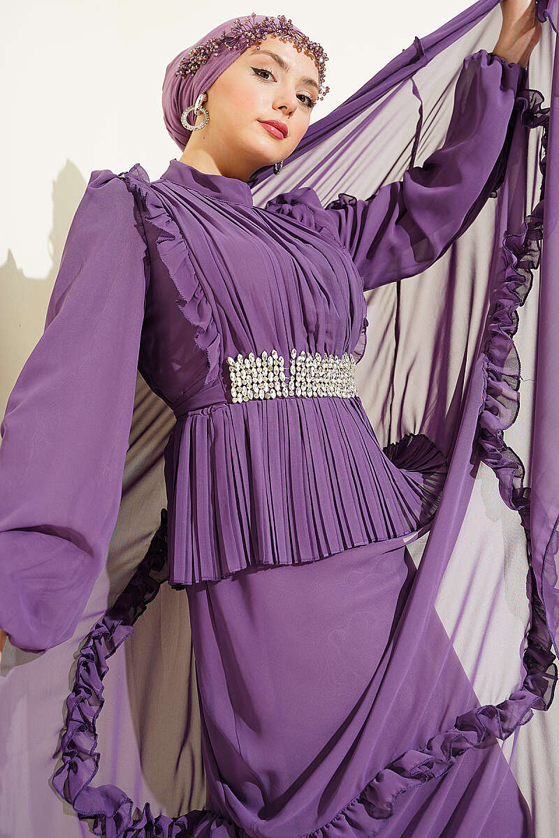 Ruffled Chiffon Evening Dress with Stone Waist - Lilac