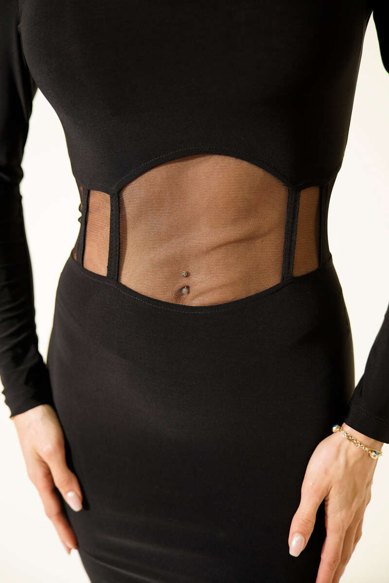 Sandy Mini Dress with Sheer Waist - Black