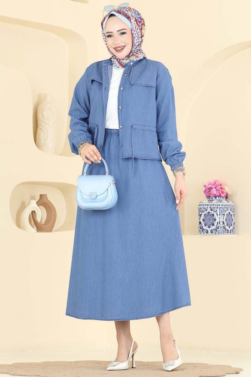Denim Set with Drawstring Waist - Light Denim