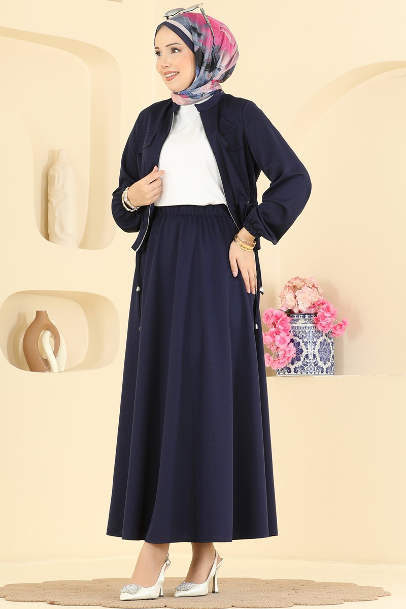 Crepe Two-Piece Set with Drawstring Waist - Navy