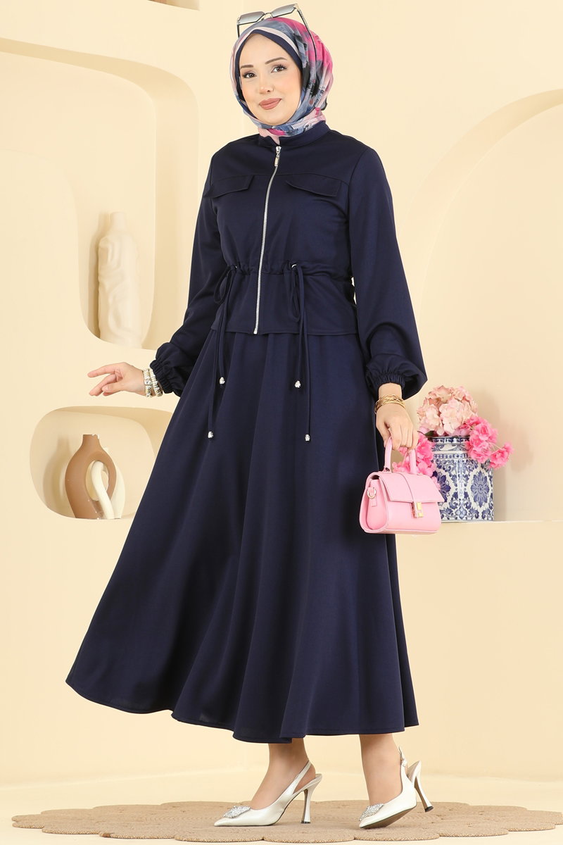 Crepe Two-Piece Set with Drawstring Waist - Navy