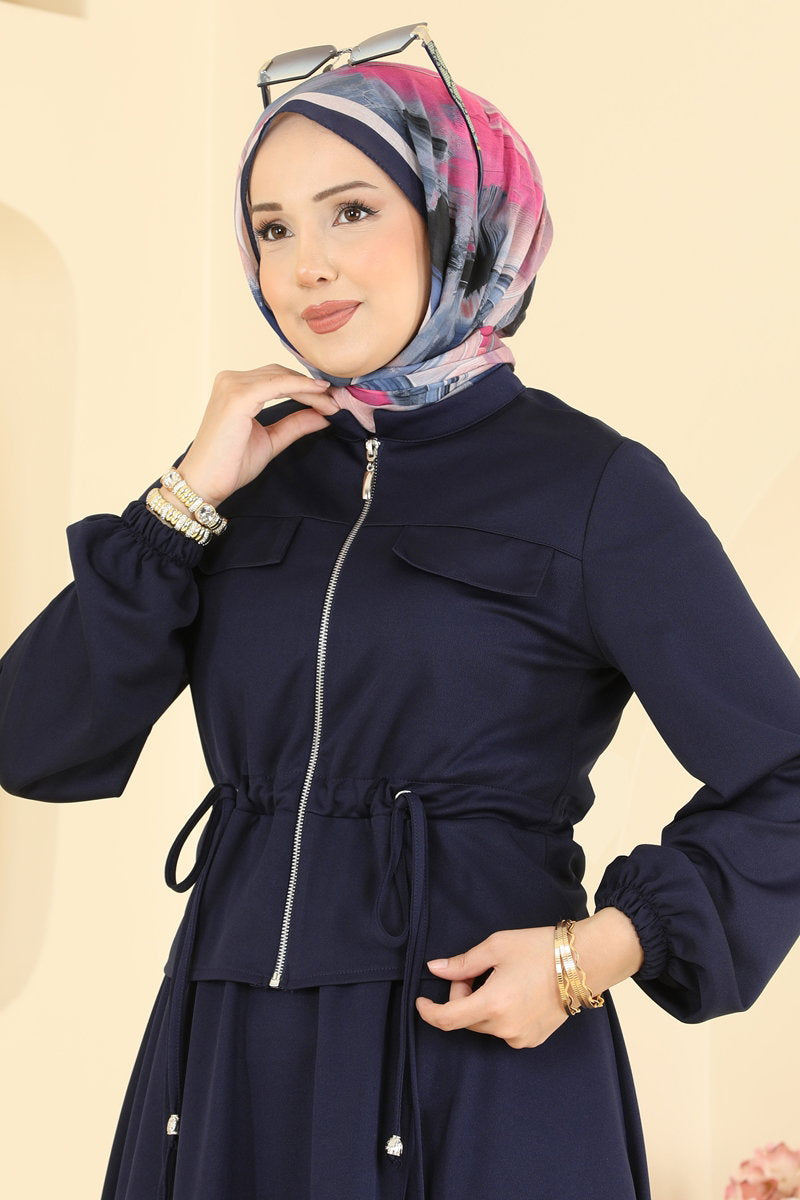 Crepe Two-Piece Set with Drawstring Waist - Navy