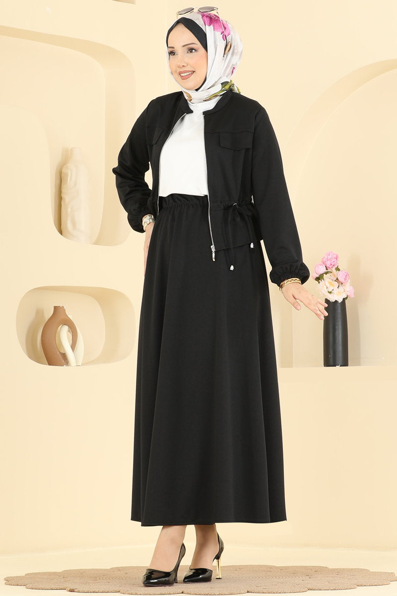 Crepe Two-Piece Set with Drawstring Waist - Black