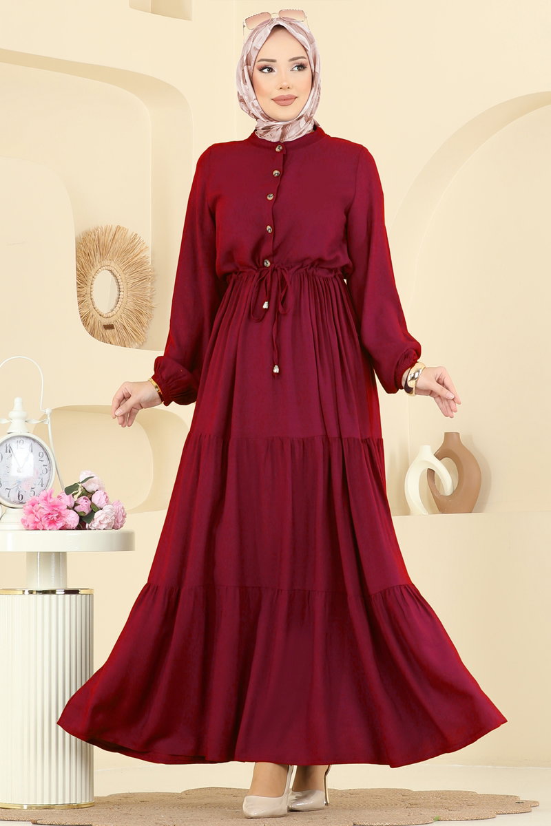 Dress with Drawstring Waist - Burgundy