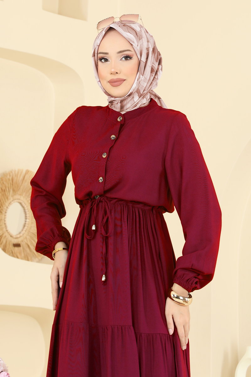 Dress with Drawstring Waist - Burgundy