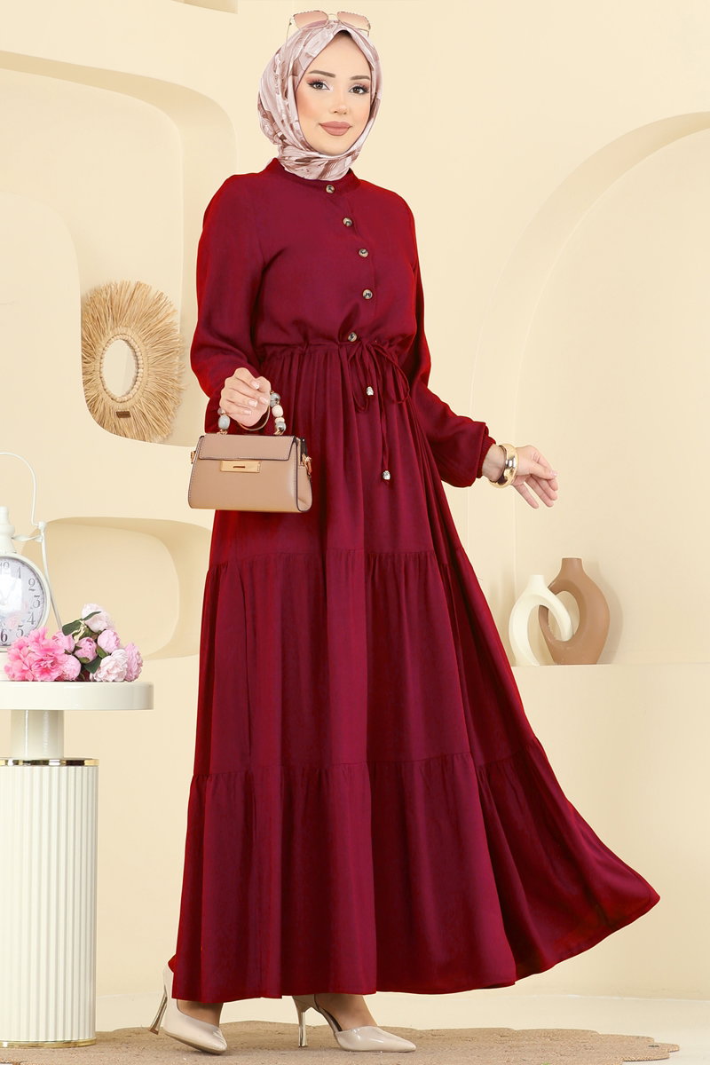 Dress with Drawstring Waist - Burgundy