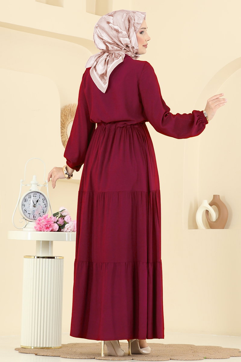 Dress with Drawstring Waist - Burgundy