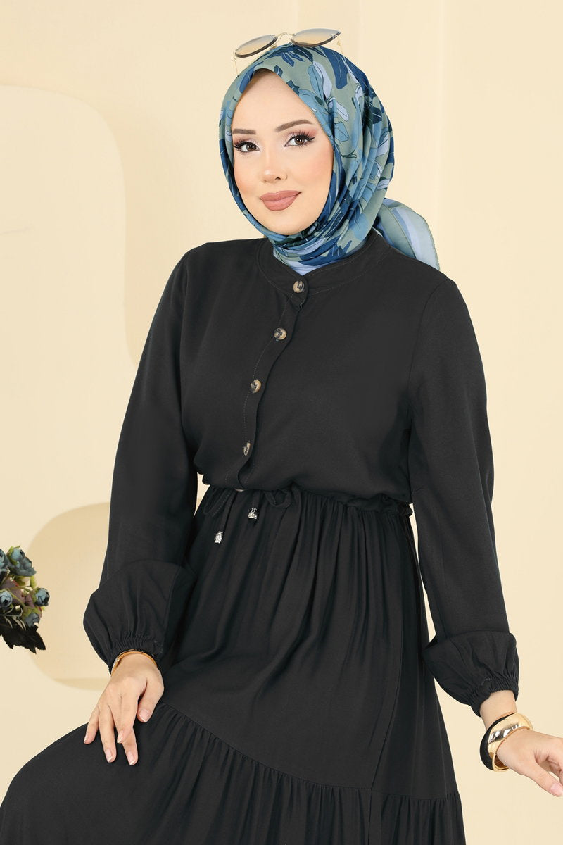 Dress with Drawstring Waist - Black