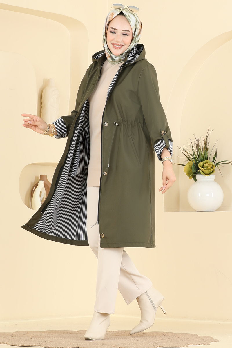 Bonded Trench Coat with Drawstring Waist - Khaki