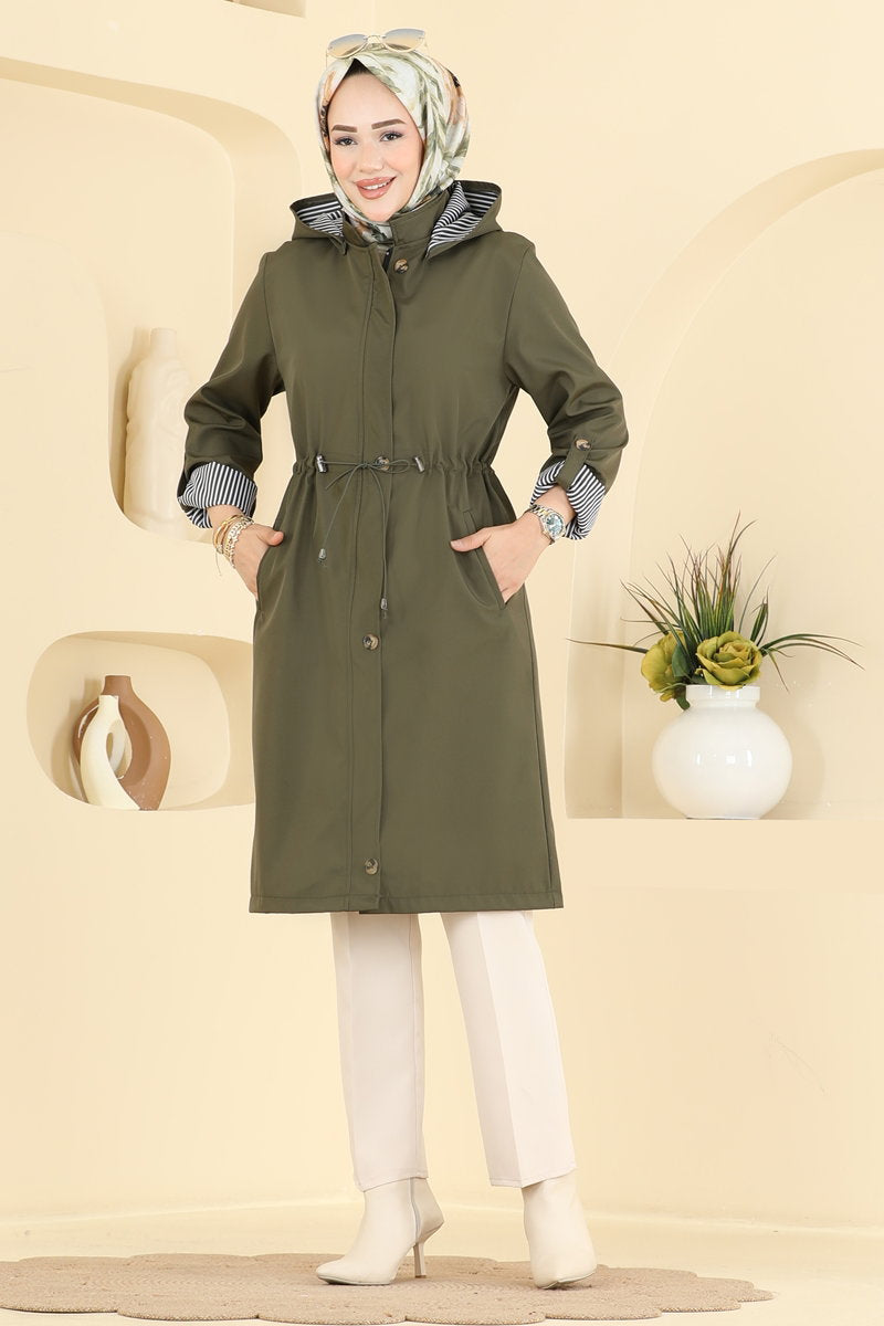 Bonded Trench Coat with Drawstring Waist - Khaki