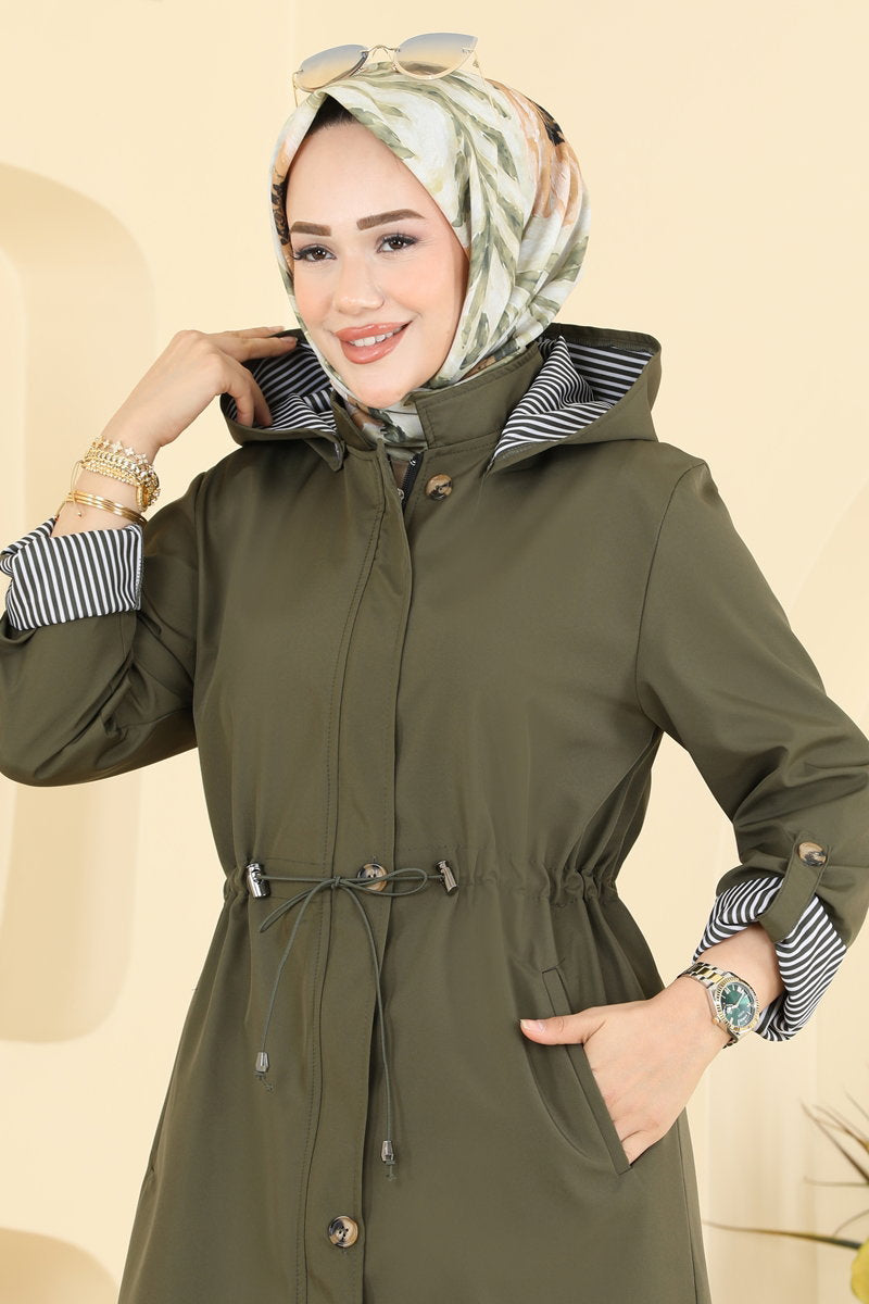Bonded Trench Coat with Drawstring Waist - Khaki