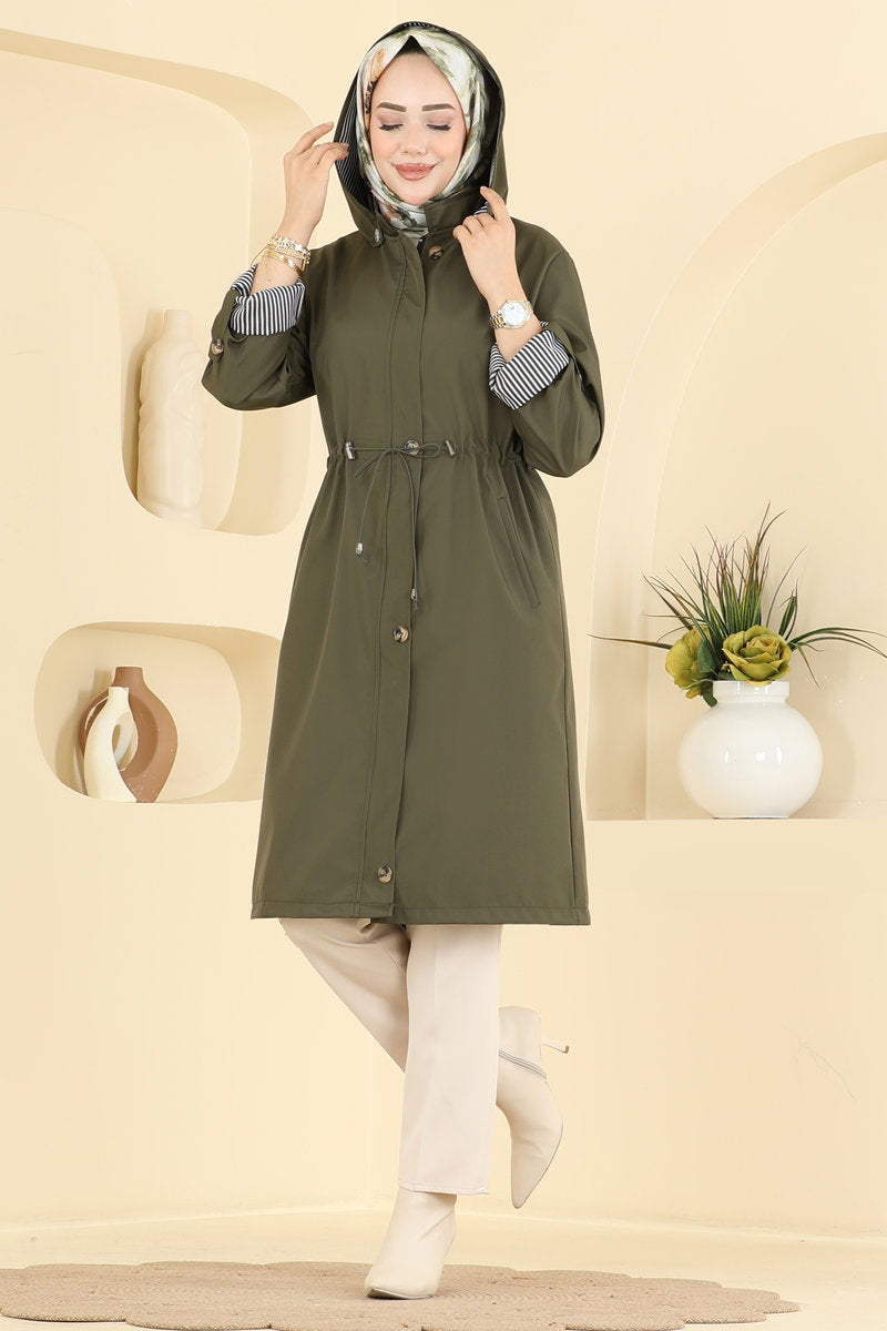 Bonded Trench Coat with Drawstring Waist - Khaki