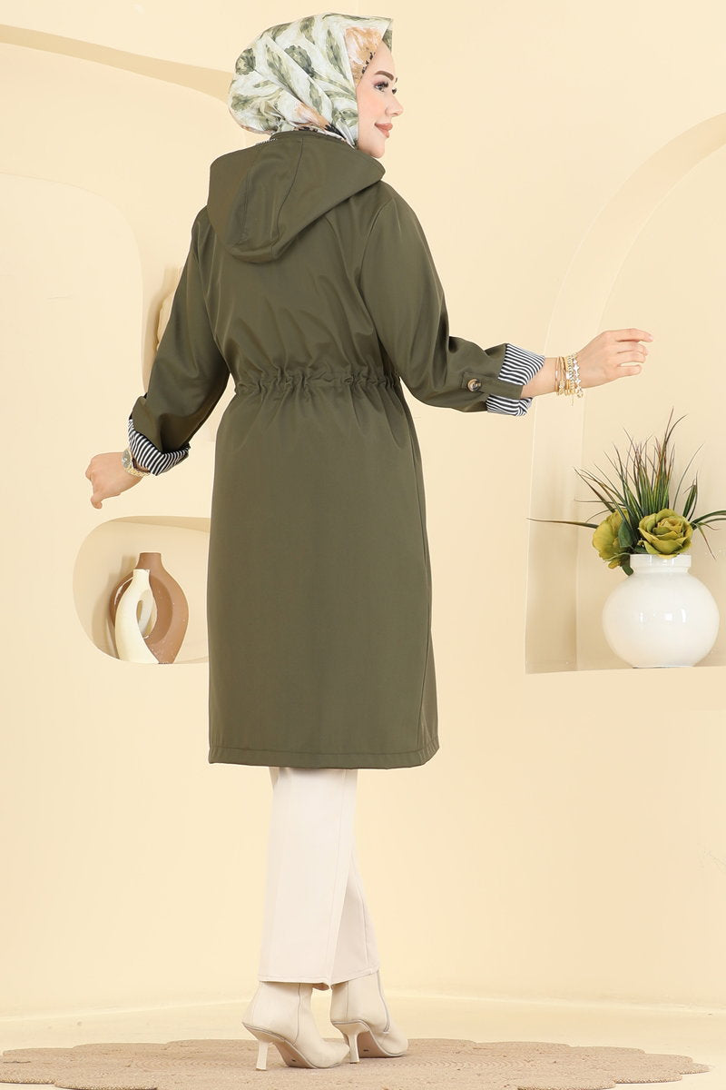 Bonded Trench Coat with Drawstring Waist - Khaki