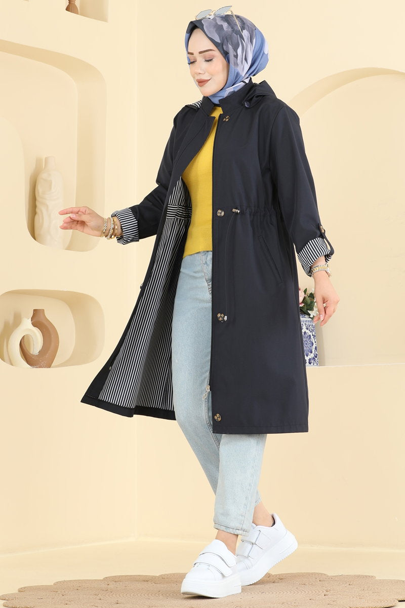 Bonded Trench Coat with Drawstring Waist - Navy
