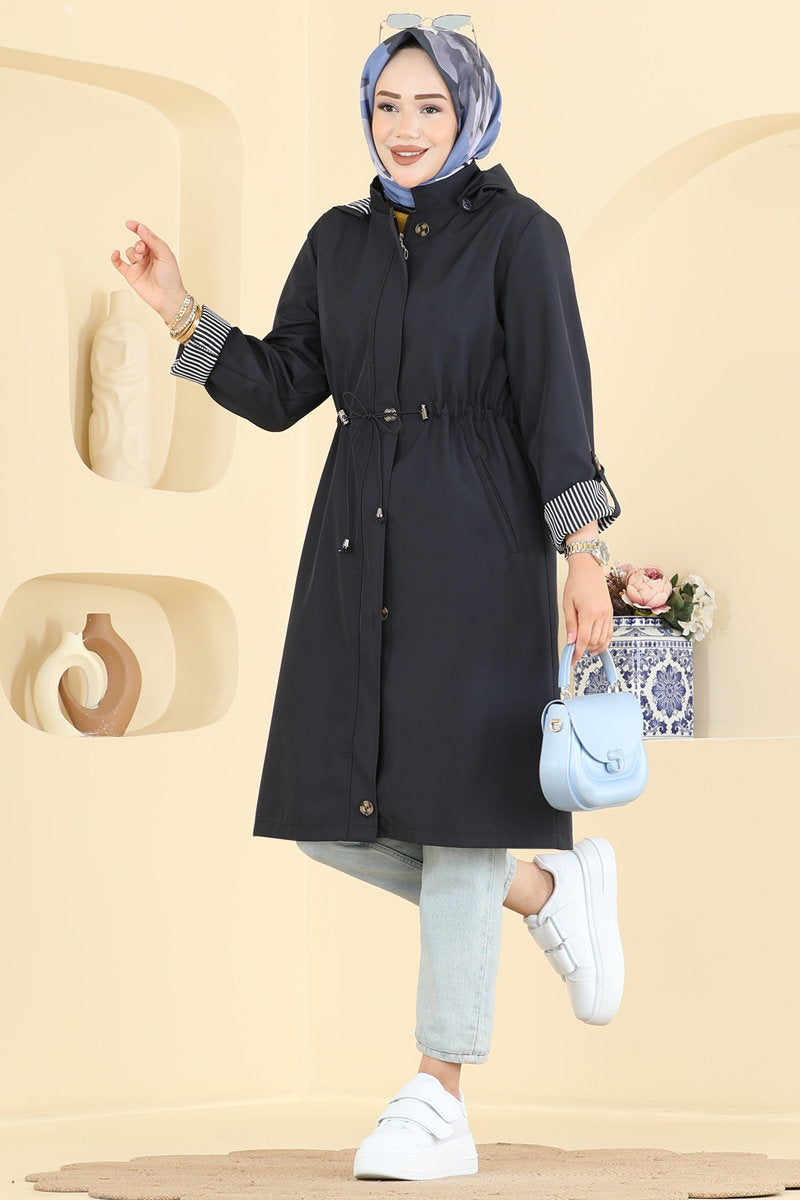 Bonded Trench Coat with Drawstring Waist - Navy