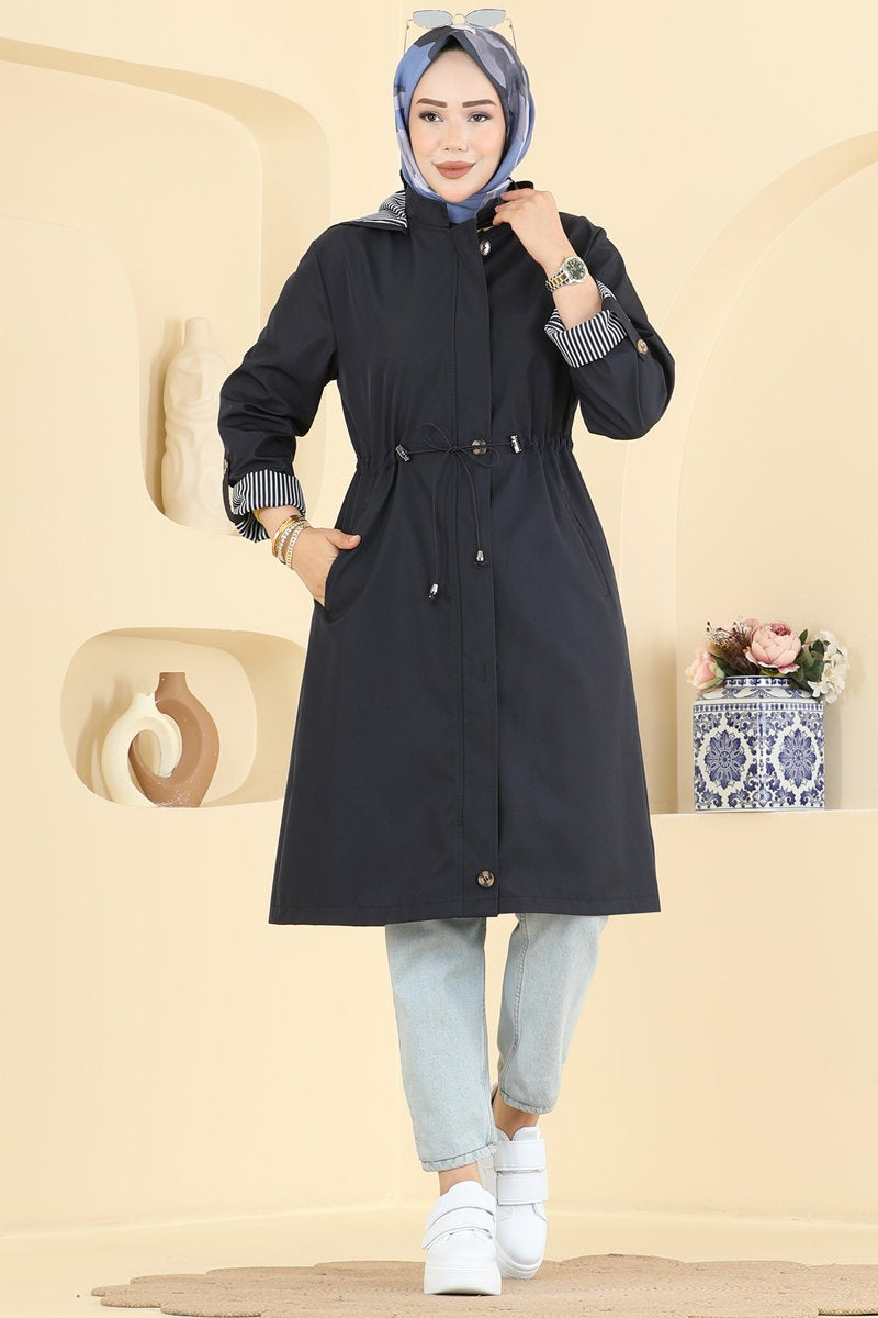 Bonded Trench Coat with Drawstring Waist - Navy