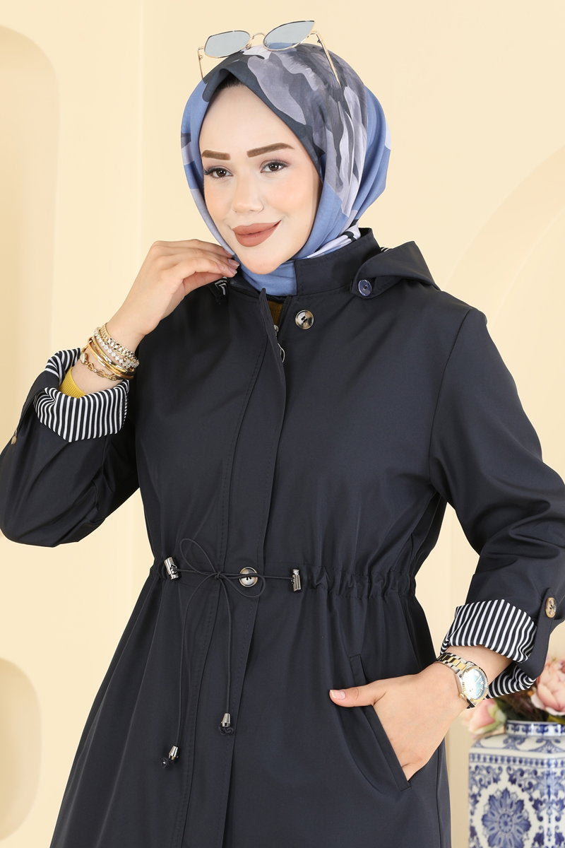 Bonded Trench Coat with Drawstring Waist - Navy