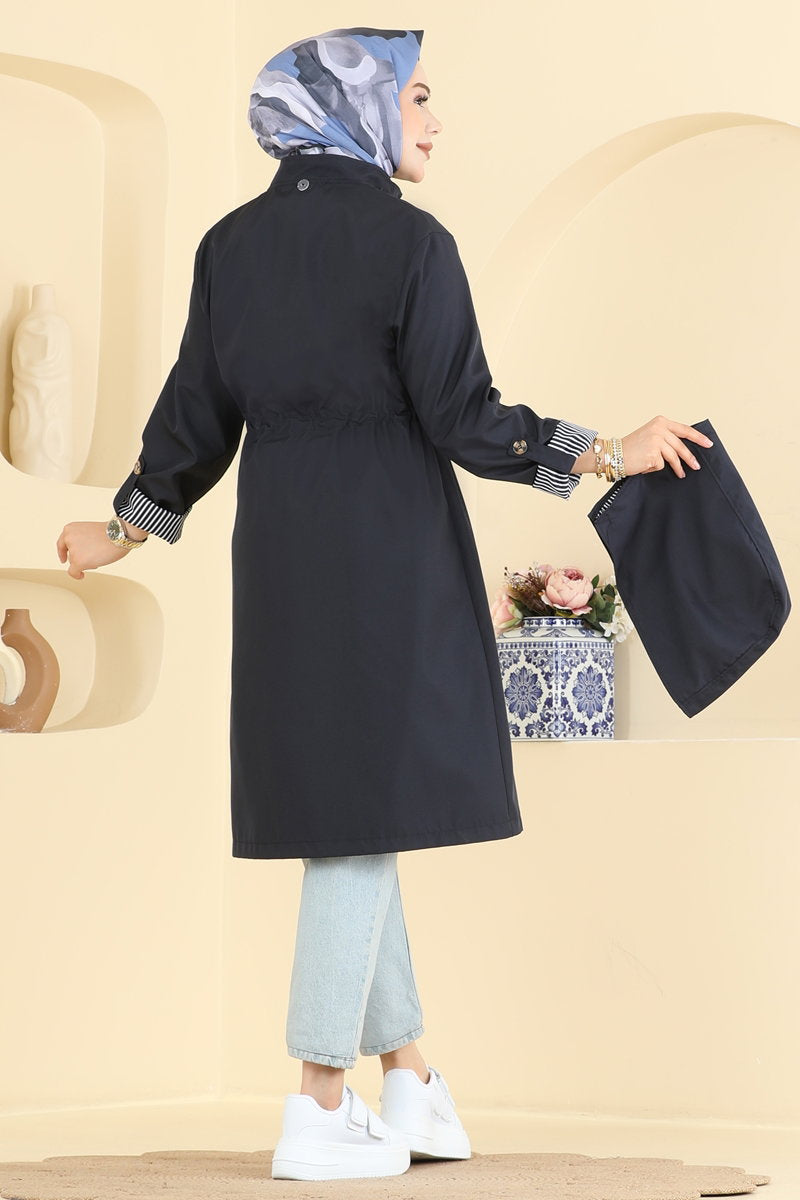 Bonded Trench Coat with Drawstring Waist - Navy