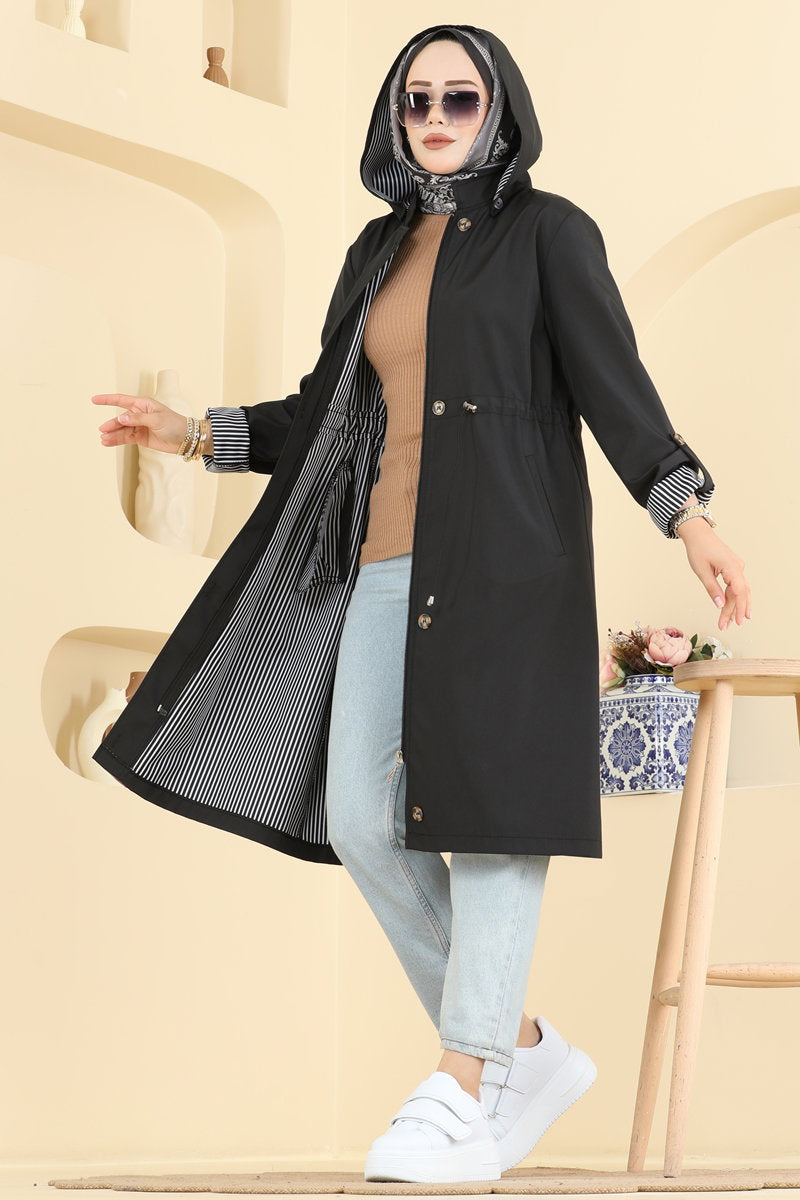 Bonded Trench Coat with Drawstring Waist - Black