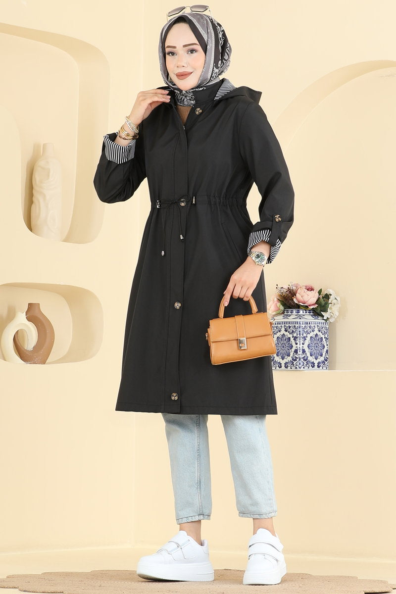 Bonded Trench Coat with Drawstring Waist - Black
