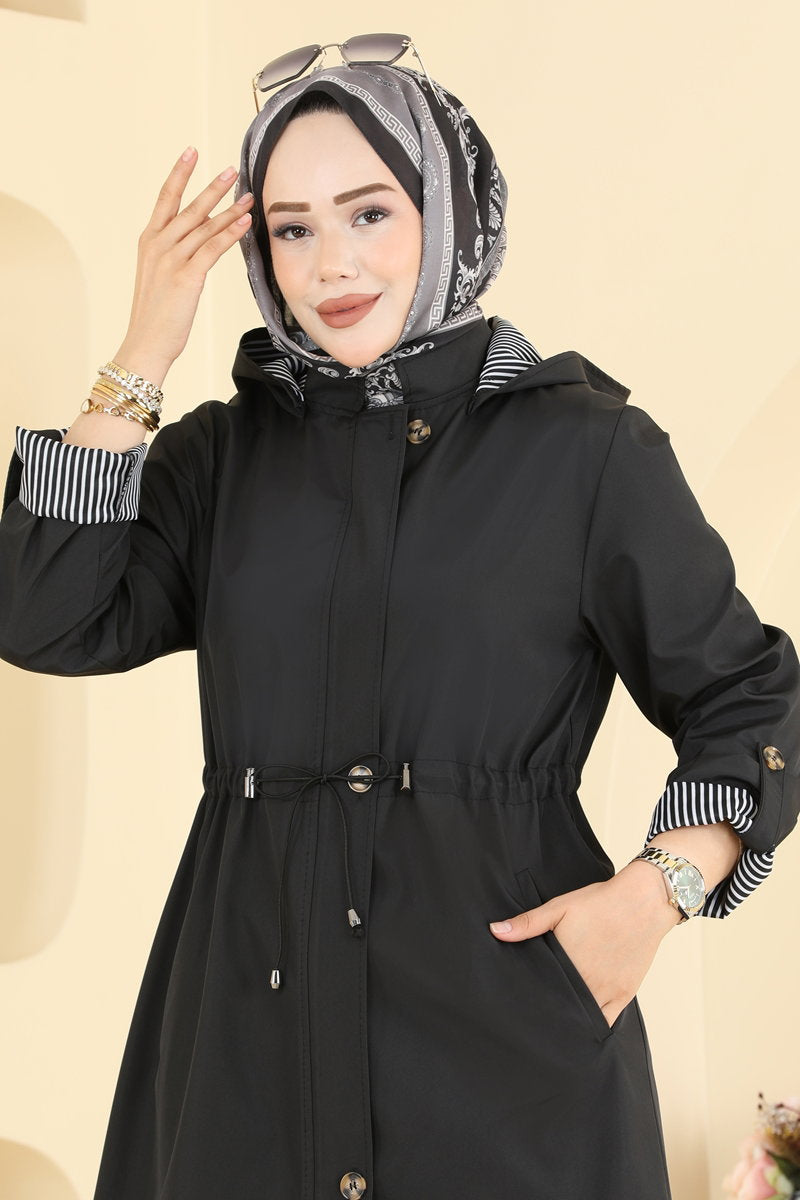 Bonded Trench Coat with Drawstring Waist - Black