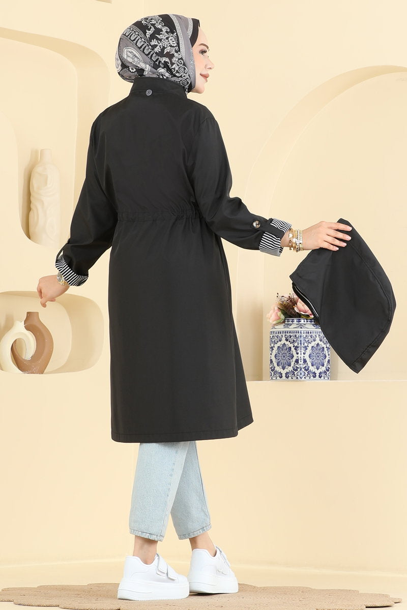 Bonded Trench Coat with Drawstring Waist - Black