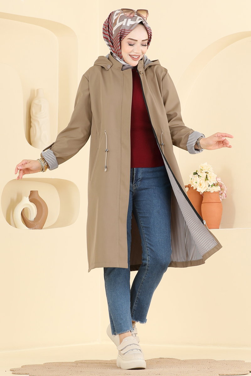 Bonded Trench Coat with Drawstring Waist - Mink