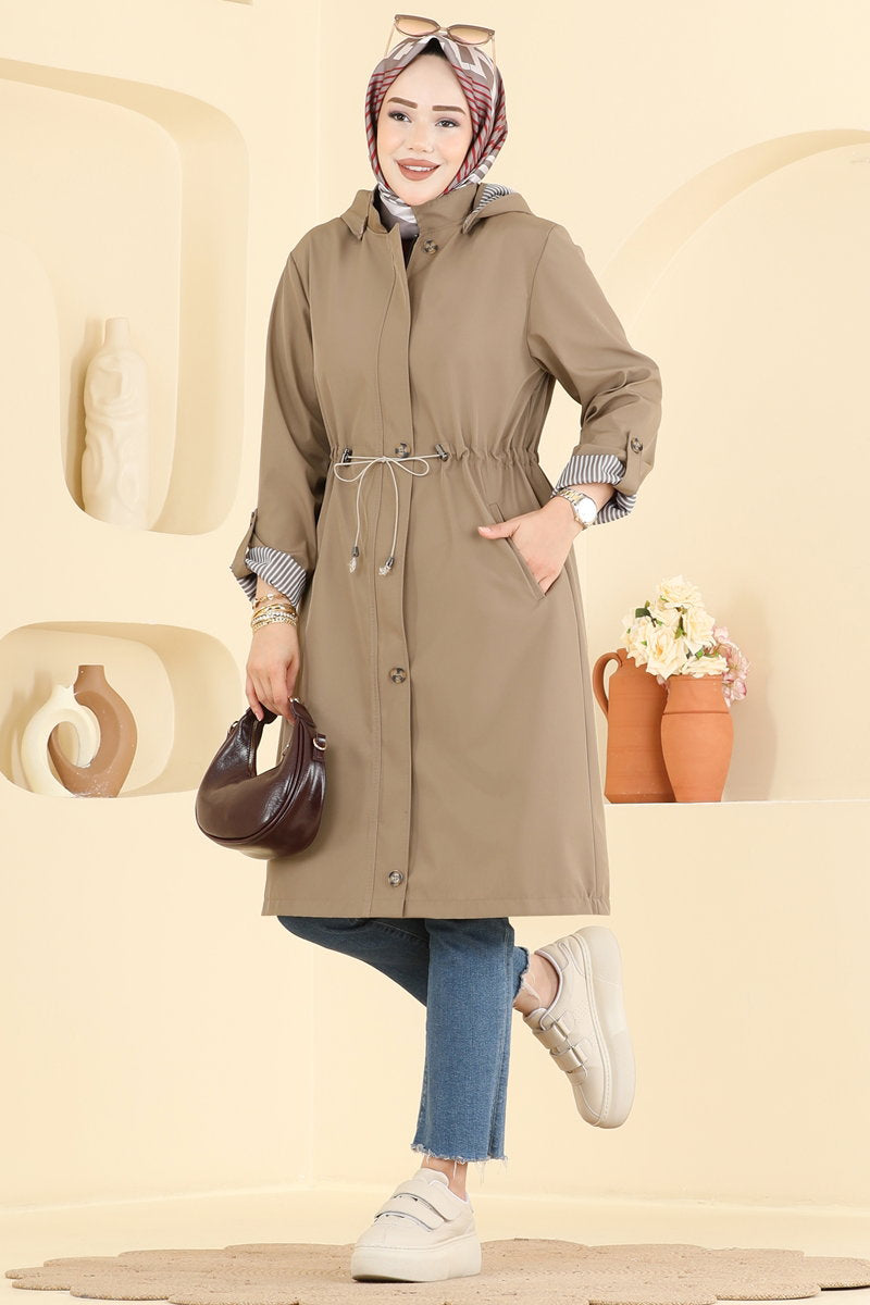 Bonded Trench Coat with Drawstring Waist - Mink