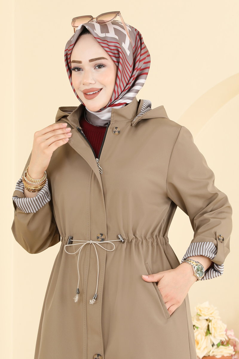 Bonded Trench Coat with Drawstring Waist - Mink