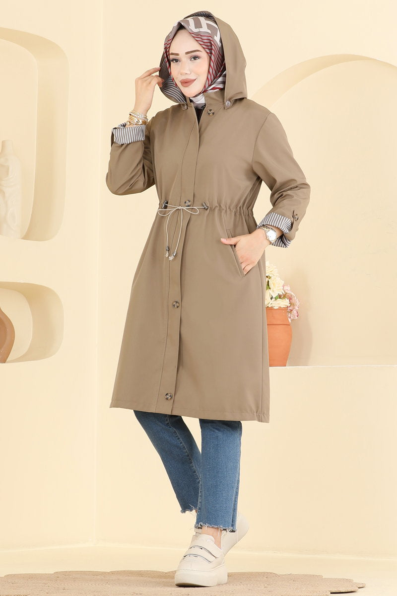 Bonded Trench Coat with Drawstring Waist - Mink