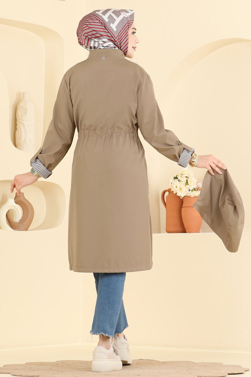 Bonded Trench Coat with Drawstring Waist - Mink