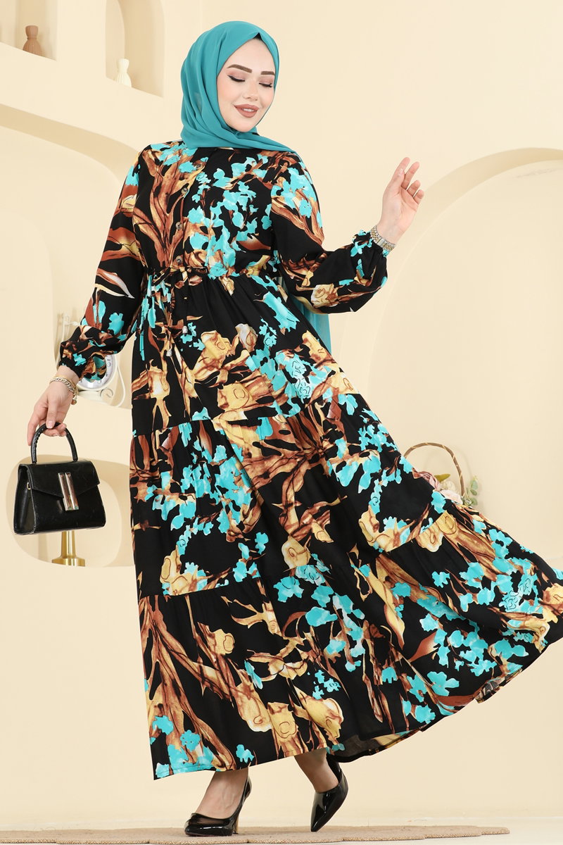 Floral Viscose Dress with Drawstring Waist - Gold-Black