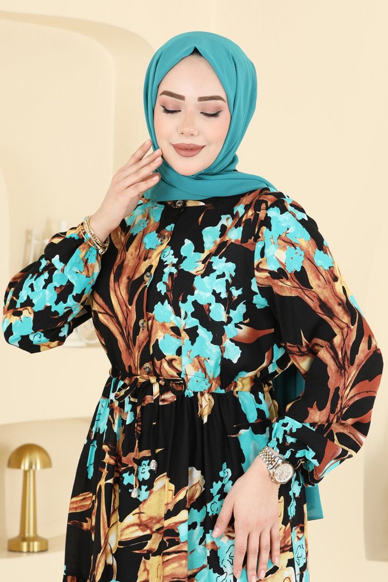 Floral Viscose Dress with Drawstring Waist - Gold-Black