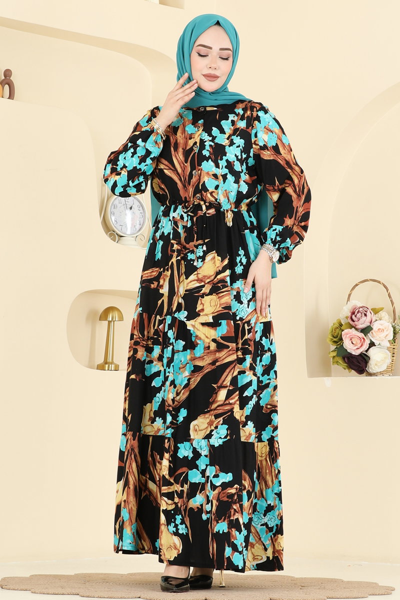 Floral Viscose Dress with Drawstring Waist - Gold-Black