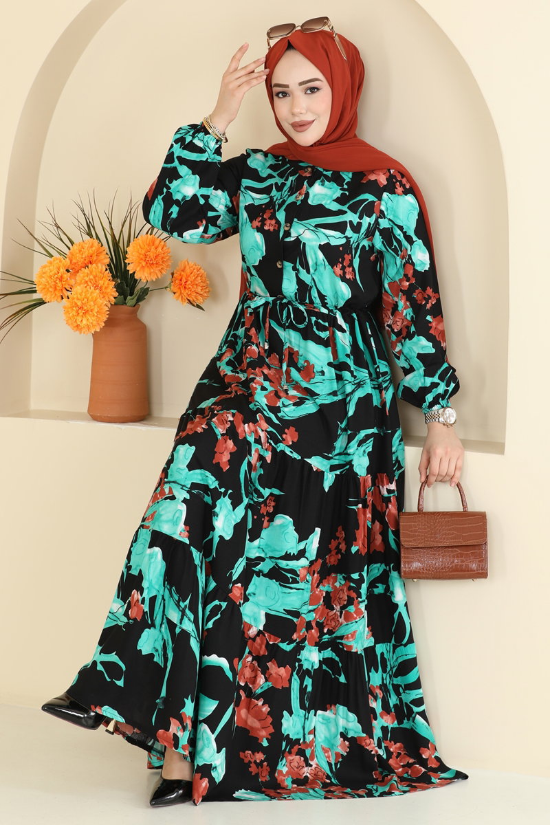 Floral Viscose Dress with Drawstring Waist - Turquoise-Black