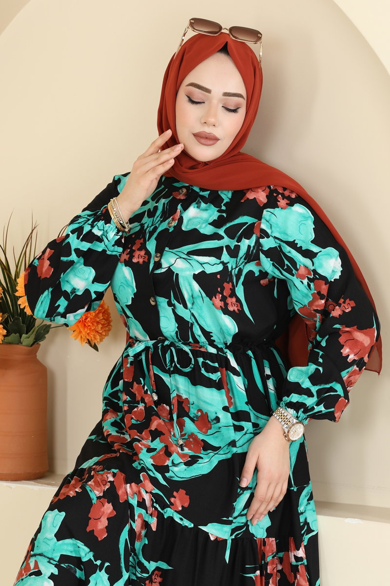 Floral Viscose Dress with Drawstring Waist - Turquoise-Black