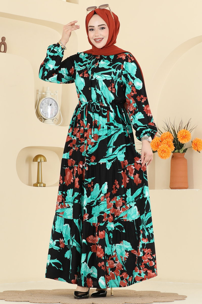 Floral Viscose Dress with Drawstring Waist - Turquoise-Black